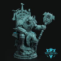 Digital render of the Troll Gate Guard miniature by Witchsong Miniatures — an unpainted teal resin-coloured large troll warlord seated on a rune-carved stone throne, holding a massive jagged axe, with three ravens perched on the throne's hammer-finial frame and rubble crushed beneath his feet