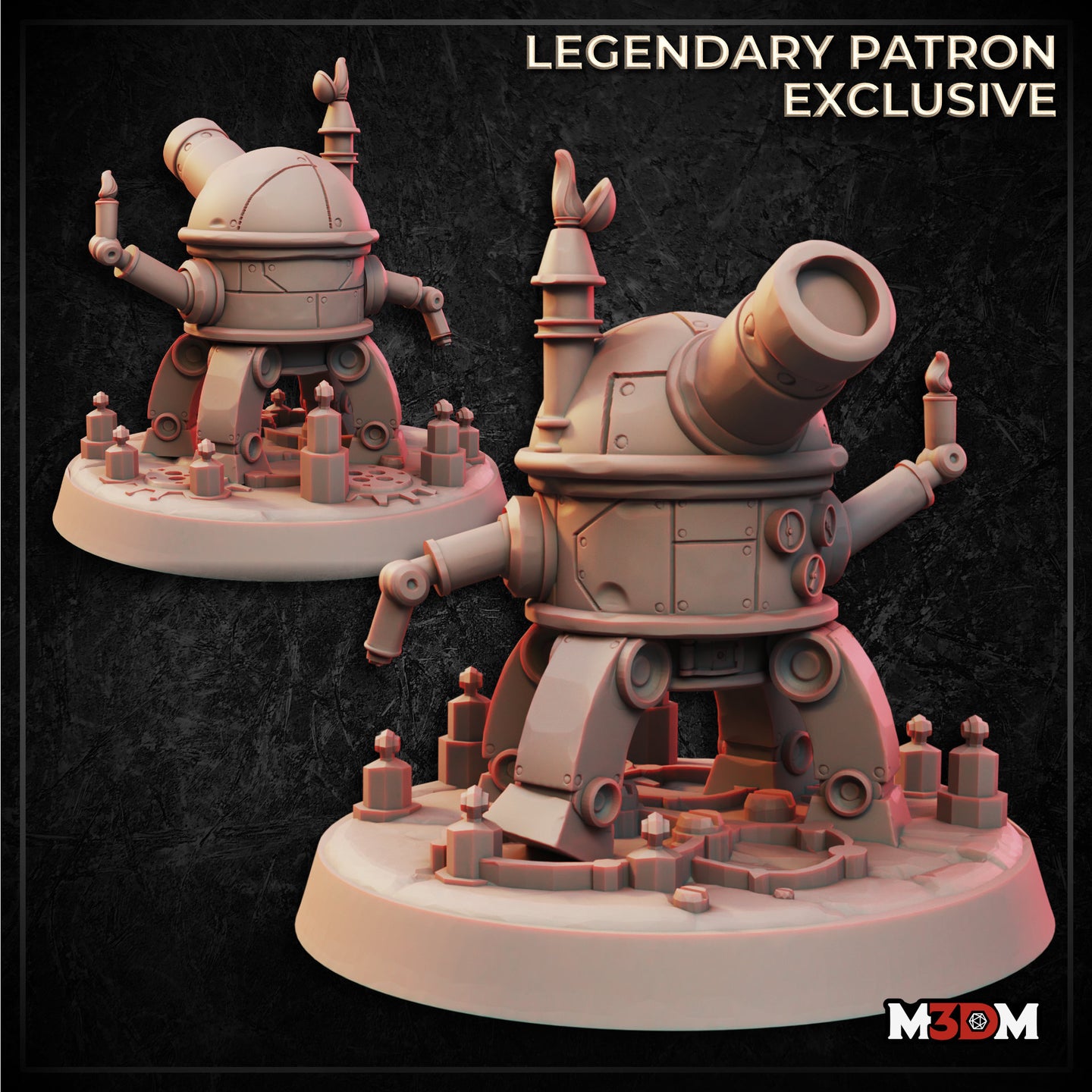 Digital render showing two views of the Turret Gun Robot Familiar miniature — a squat, riveted construct with a large cannon barrel, articulated arm appendages, flame-tipped antenna, and a detailed scenic base scattered with gears and rubble. Labelled as a Legendary Patron Exclusive by M3DM.