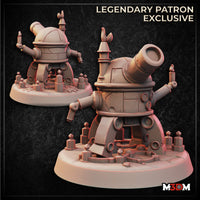 Digital render showing two views of the Turret Gun Robot Familiar miniature — a squat, riveted construct with a large cannon barrel, articulated arm appendages, flame-tipped antenna, and a detailed scenic base scattered with gears and rubble. Labelled as a Legendary Patron Exclusive by M3DM.