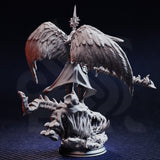 Unpainted grey resin miniature of Tyrius the Reborn photographed from the rear, showcasing the intricate feather detail across the fully spread wings, the cloak drape, and the open-mawed demonic skull base with bone and claw details — 32mm scale