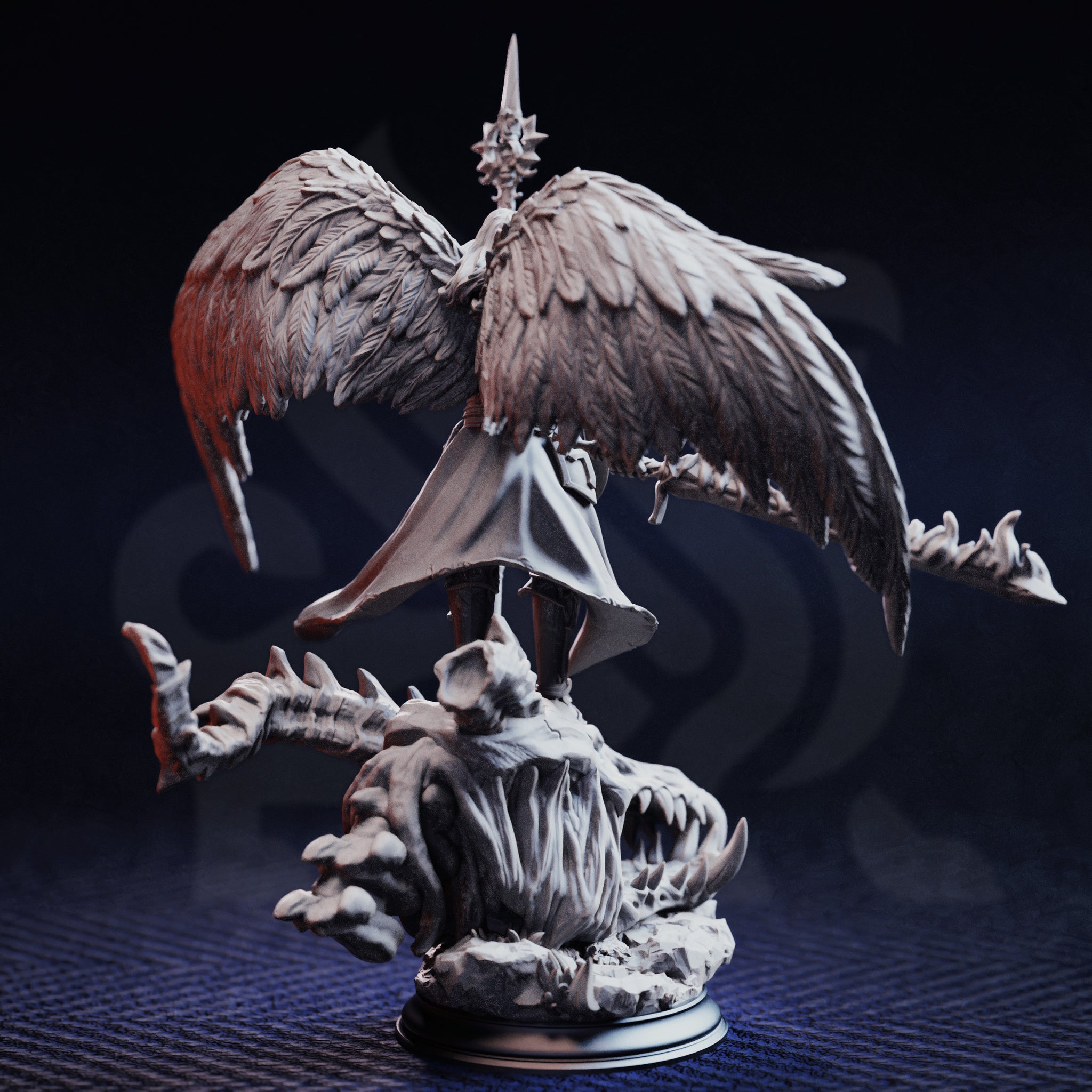 Unpainted grey resin miniature of Tyrius the Reborn photographed from the rear, showcasing the intricate feather detail across the fully spread wings, the cloak drape, and the open-mawed demonic skull base with bone and claw details — 32mm scale
