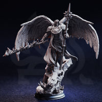 Unpainted grey resin miniature of Tyrius the Reborn shown from the front, depicting an armoured winged angel with detailed featherwork, a spiked polestaff, flowing cloak, and scenic demonic skull base — 32mm scale