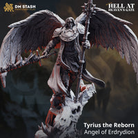 Digital render of Tyrius the Reborn, an armoured angel warrior miniature with vast dark-feathered wings spread wide, holding an ornate spiked polestaff in one hand and reaching outward with the other, standing atop a shattered demonic skull base — from the DM Stash Hell at Heaven's Gate collection