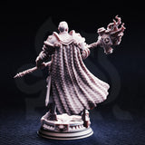 Rear view of the Uktakun Goliath Paladin miniature in grey resin, showing the highly detailed scaled texture of his flowing cape, the back of his engraved armour, and the flaming maul head raised behind him