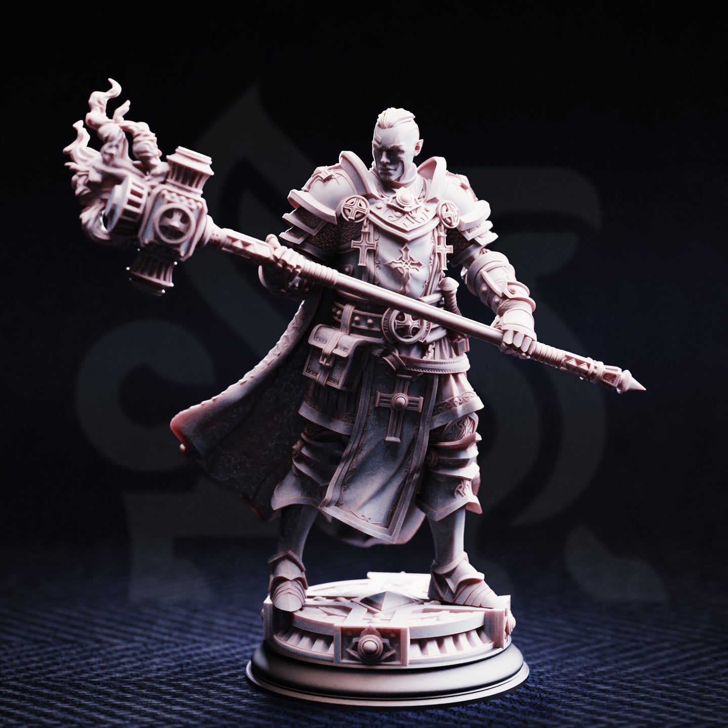 Front view of the Uktakun Goliath Paladin miniature printed in grey resin, showing engraved plate armour adorned with crosses and circular sigils, a ceremonial maul with flame sculpted at its head, and a detailed thematic circular base