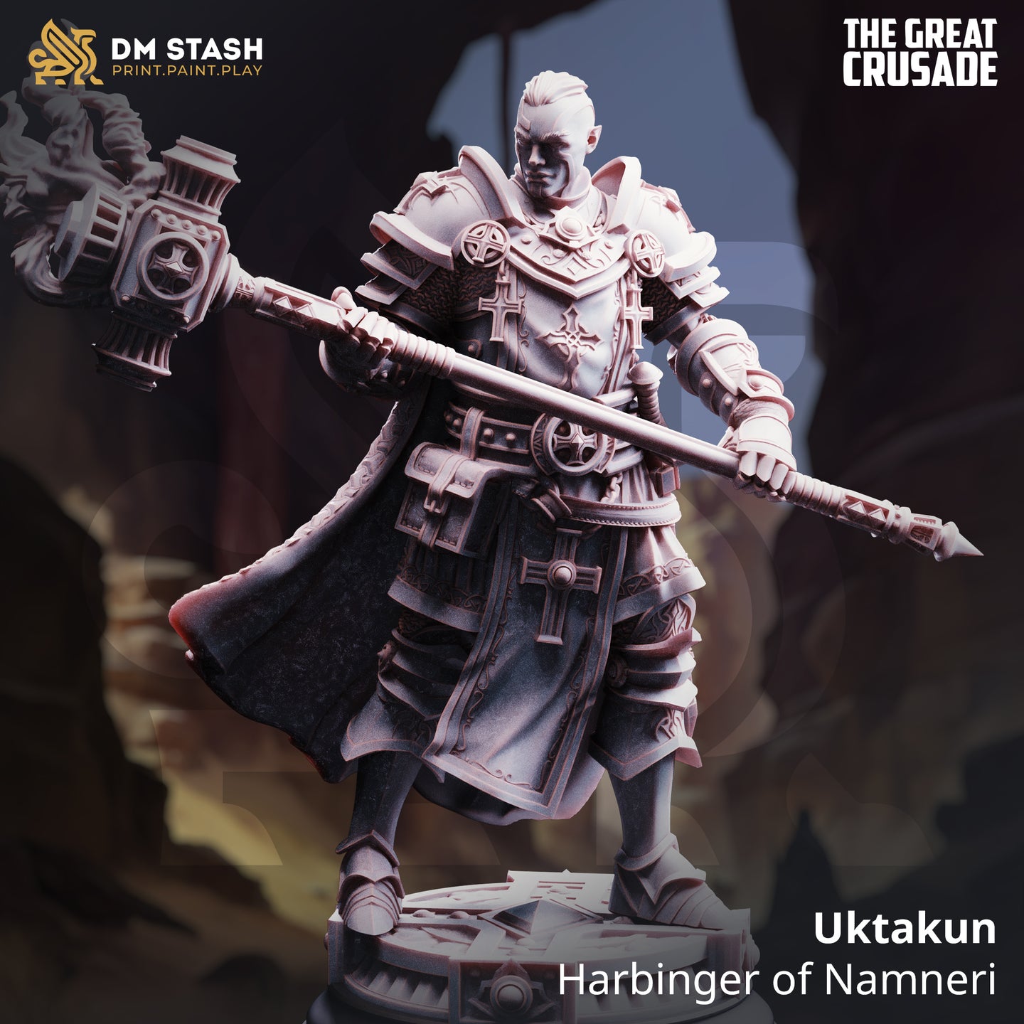 Digital render of Uktakun Harbinger of Namneri, a Goliath Paladin miniature from DM Stash's The Great Crusade collection, shown in unpainted grey resin holding a two-handed flame-wreathed maul with ornate holy armour and a flowing cape