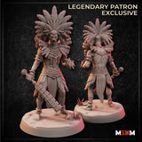 Digital render showing front and back views of the Undead Aztec Warrior miniature — an undead male warrior wearing a towering feathered headdress, layered feathered shoulder armour, and a coil necklace, carrying a macuahuitl war club in one hand and raising a clawed hand with the other, mouth open in a roar, standing on a rocky desert base