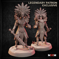 Digital render showing front and back views of the Undead Aztec Warrior miniature — an undead male warrior wearing a towering feathered headdress, layered feathered shoulder armour, and a coil necklace, carrying a macuahuitl war club in one hand and raising a clawed hand with the other, mouth open in a roar, standing on a rocky desert base