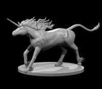 Unicorn galloping forward with mane and tail streaming behind, spiralled horn angled forward, feathered fetlocks, powerful muscular body, on a flat round base. Sculpt by MZ4250.