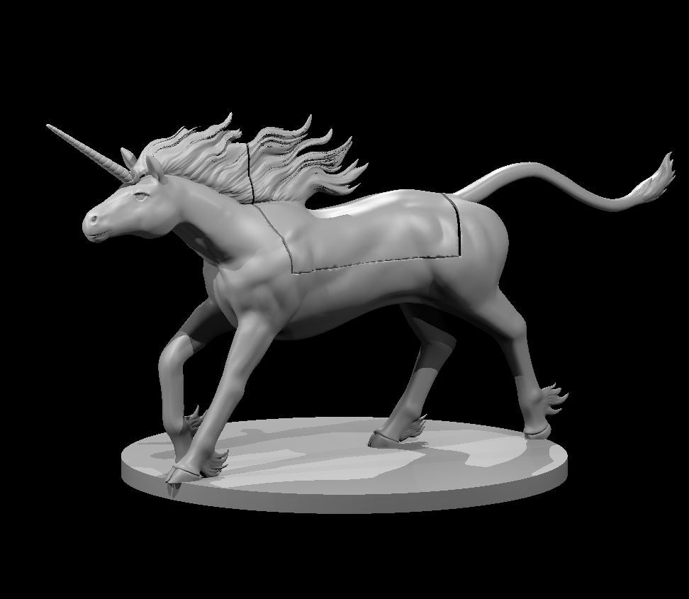 Unicorn galloping forward with mane and tail streaming behind, spiralled horn angled forward, feathered fetlocks, powerful muscular body, on a flat round base. Sculpt by MZ4250.