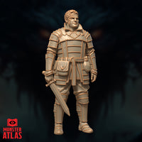Battle-worn male human in layered lamellar armour holding a short sword at his side, belted gambeson with satchel and flask, facing slightly left with a composed expression. Sculpt by Monster Atlas.