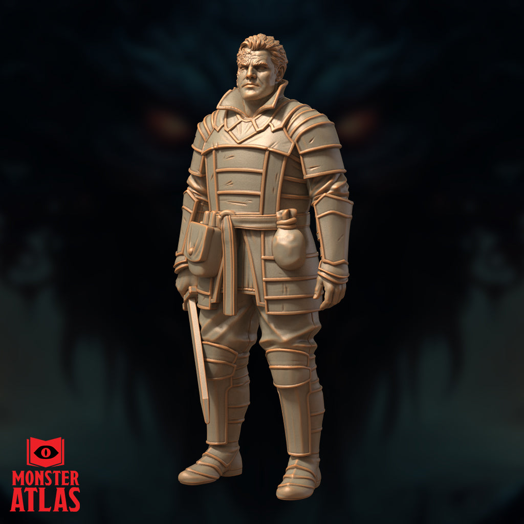 Broad-shouldered male fighter in articulated plate armour standing with arms relaxed, short sword partially visible at his hip, carrying a round flask on his belt. Direct-facing pose, grim expression. Sculpt by Monster Atlas.
