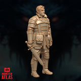 Male human in segmented armour with a short sword trailing behind his right leg, turned at a three-quarter angle showing armour panel detail across the back and shoulders. Sculpt by Monster Atlas.