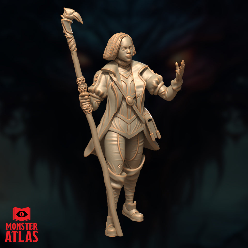 Three-quarter angle unpainted resin render of Vajra Safahr female wizard miniature, revealing armoured shoulder detailing, mid-stride pose, raven-head finial atop the skull staff, and spell component pouch at her hip, 32mm scale by Monster Atlas