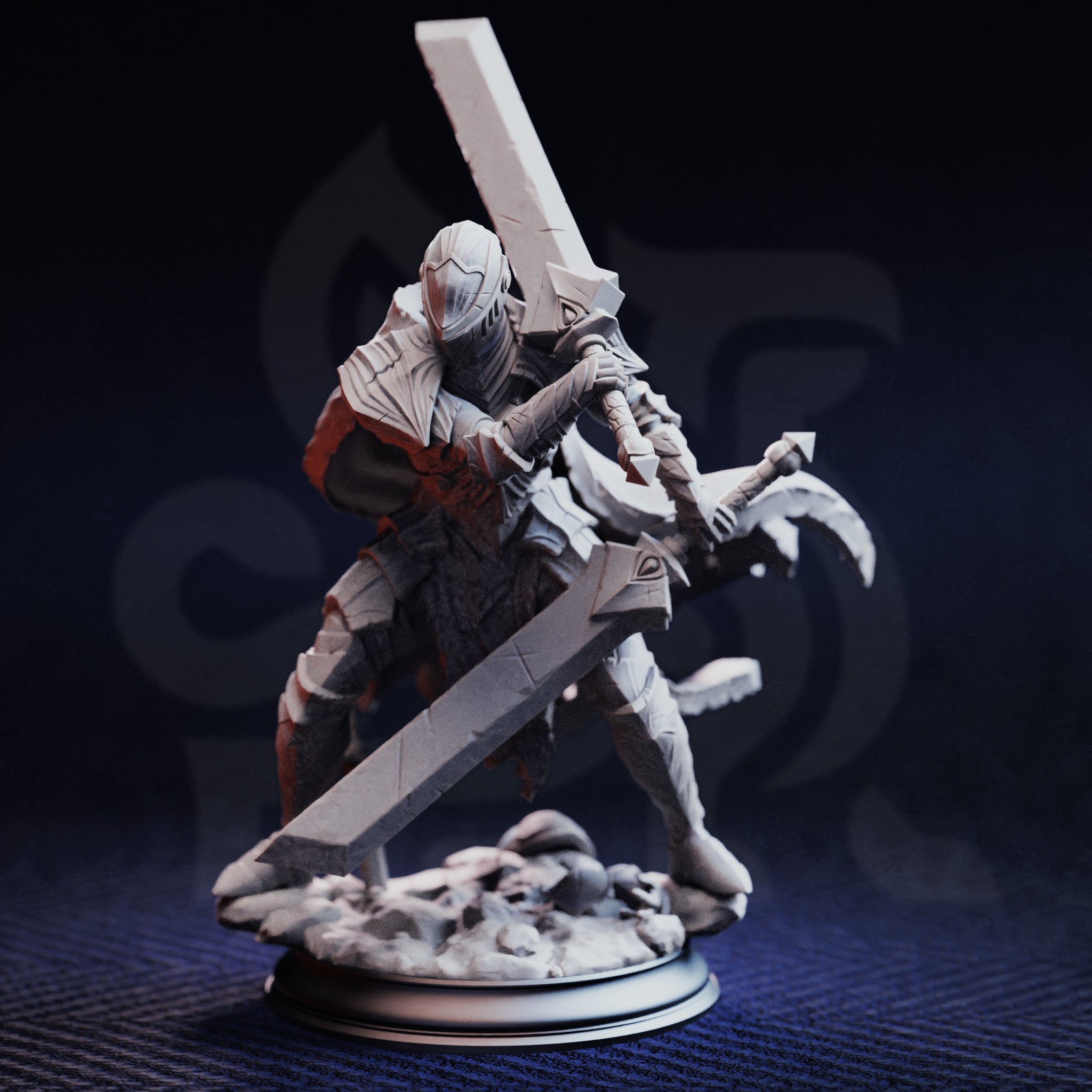Front view of unpainted grey resin Valoris the Unscathed miniature — masked armoured warrior gripping an oversized greatsword with both hands, detailed layered armour and dynamic stance, scenic rubble base with fallen enemy at his feet