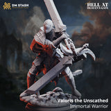 Digital render of Valoris the Unscathed immortal warrior miniature from DM Stash's Hell at Heaven's Gate collection — unpainted grey resin, wielding a massive two-handed greatsword raised overhead, wearing cracked plate armour with a torn flowing cape, standing over a defeated foe on a rubble-strewn base