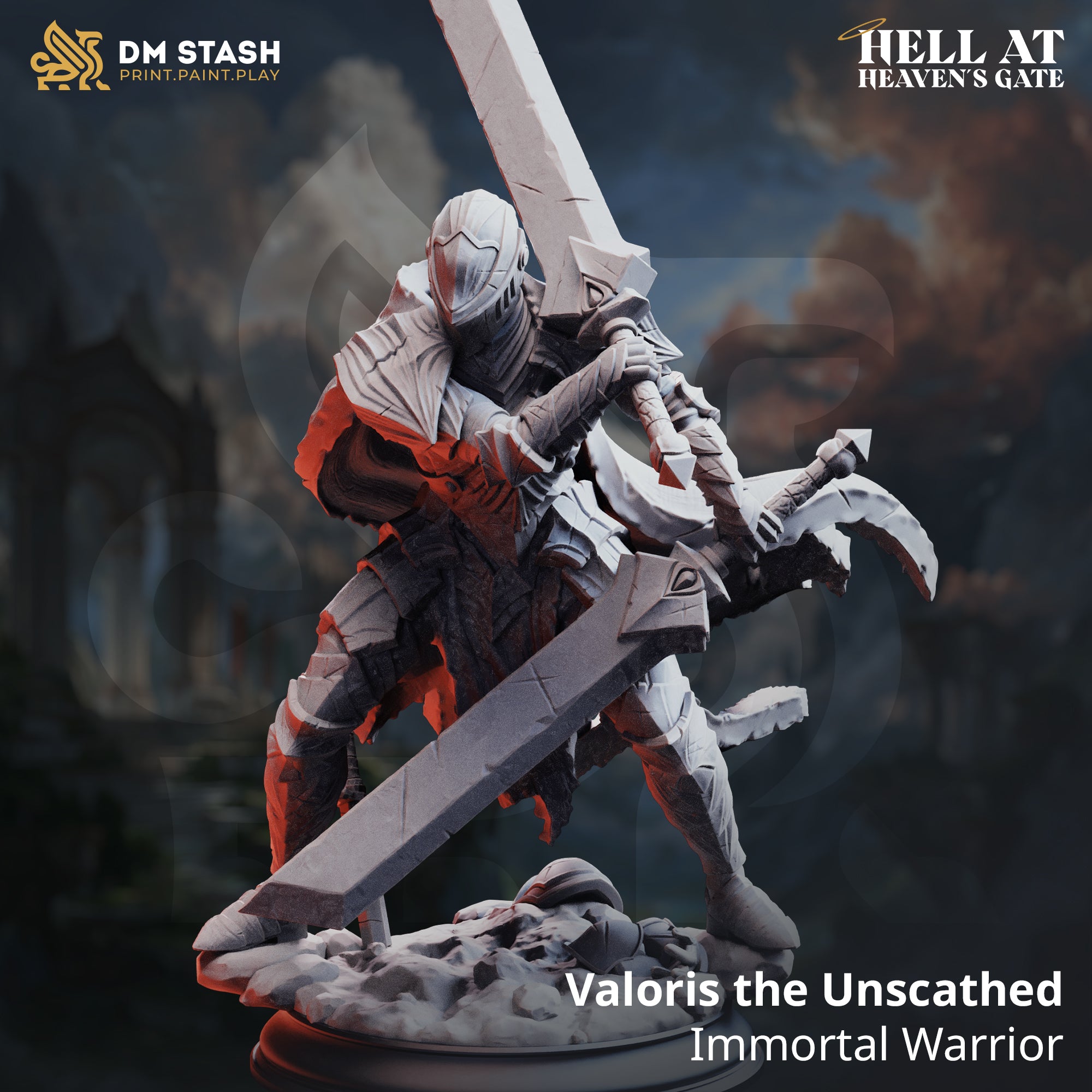 Digital render of Valoris the Unscathed immortal warrior miniature from DM Stash's Hell at Heaven's Gate collection — unpainted grey resin, wielding a massive two-handed greatsword raised overhead, wearing cracked plate armour with a torn flowing cape, standing over a defeated foe on a rubble-strewn base