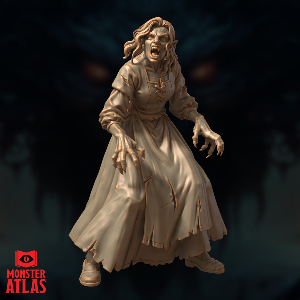 Front-facing render of an unpainted vampire spawn miniature in tattered peasant dress, mouth open in a shriek, both clawed hands raised and reaching forward, by Monster Atlas