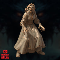 Front-facing render of an unpainted vampire spawn miniature in tattered peasant dress, mouth open in a shriek, both clawed hands raised and reaching forward, by Monster Atlas