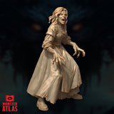 Three-quarter view render of an unpainted vampire spawn miniature showing elongated claws, flowing torn skirts, and feral open-mouthed expression, by Monster Atlas