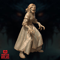 Three-quarter view render of an unpainted vampire spawn miniature showing elongated claws, flowing torn skirts, and feral open-mouthed expression, by Monster Atlas