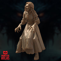 Side-angle render of an unpainted vampire spawn miniature mid-lunge, claws splayed wide, wearing a lace-up bodice and ragged long dress, by Monster Atlas