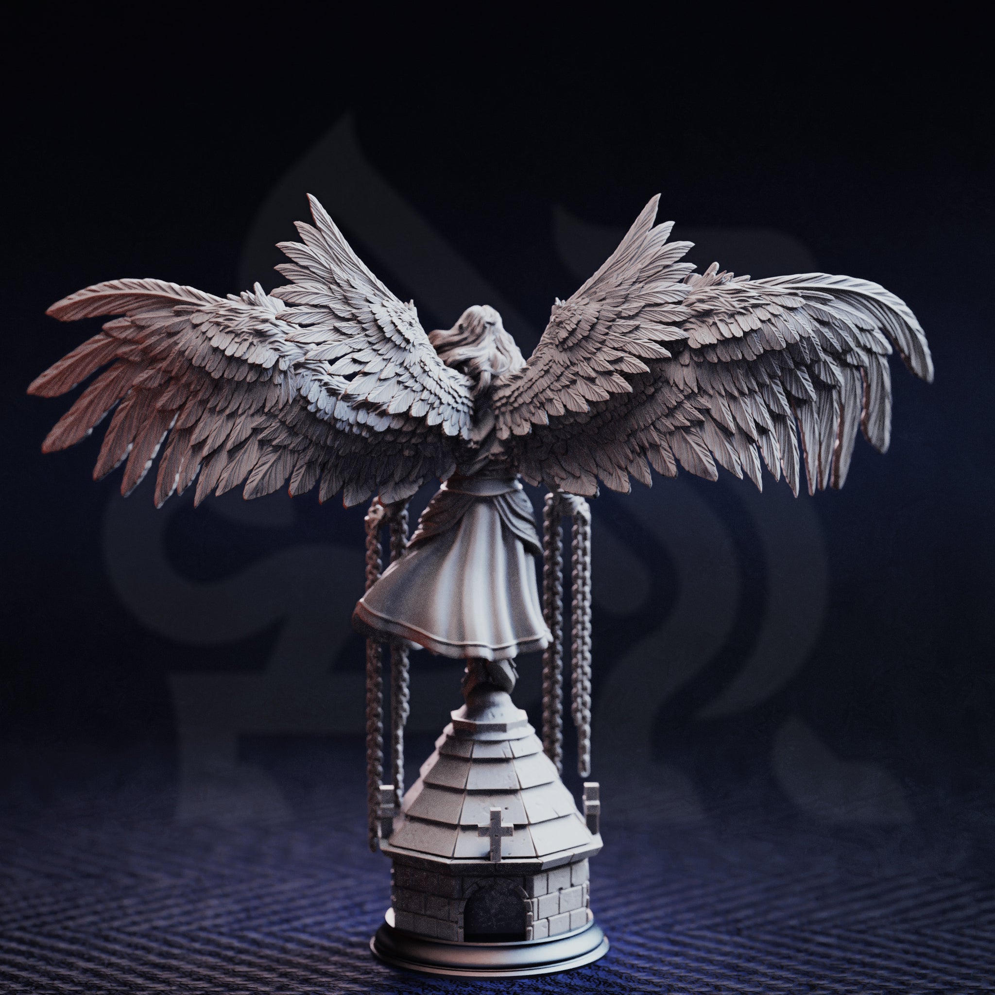 Unpainted grey resin miniature of Varathos angel warrior — rear view showcasing the extraordinary feather detail across the fully spread dark wings and the draped robes, with chains visible on either side of the stone tower base