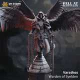 Digital render of Varathos Warden of Syelden angel warrior miniature — male figure in ornate plate armour with dark feathered wings spread wide, holding heavy chains in both hands, standing atop a tiered stone tower base, from the Hell at Heaven's Gate range by DM Stash