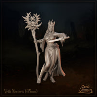 Front view of Veila Nocteris 35mm resin miniature render — a crowned dark sorceress in flowing robes holding a skull-topped sun-and-crescent staff in her left hand and a dagger in her right, by Great Grimoire
