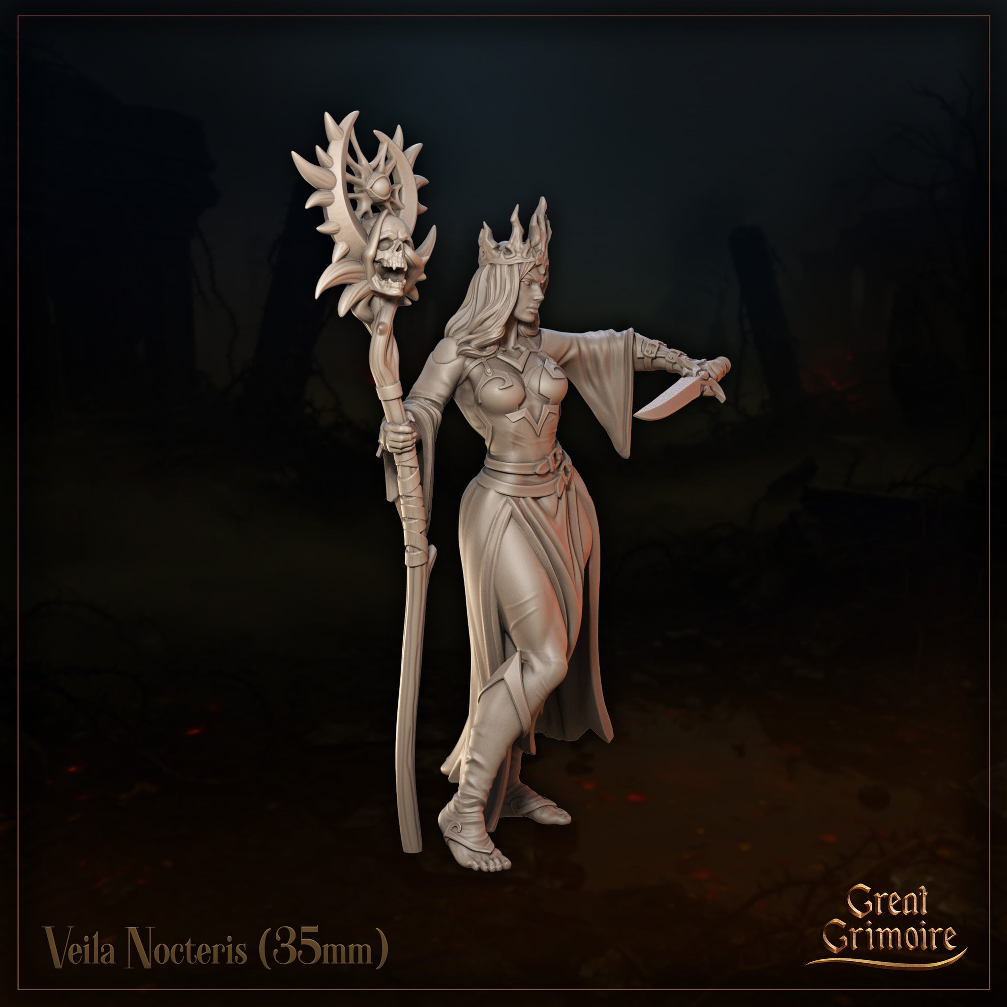 Three-quarter front view of Veila Nocteris 35mm resin miniature render — showing her flame-like iron crown, billowing sleeves, dagger grip, and the detailed skull and eye-motif atop her tall staff, by Great Grimoire