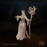 Rear view of Veila Nocteris 35mm resin miniature render — displaying the full sweep of her robes, a small belt satchel, long flowing hair beneath the crown, and the reverse side of her sun-disc staff head, by Great Grimoire