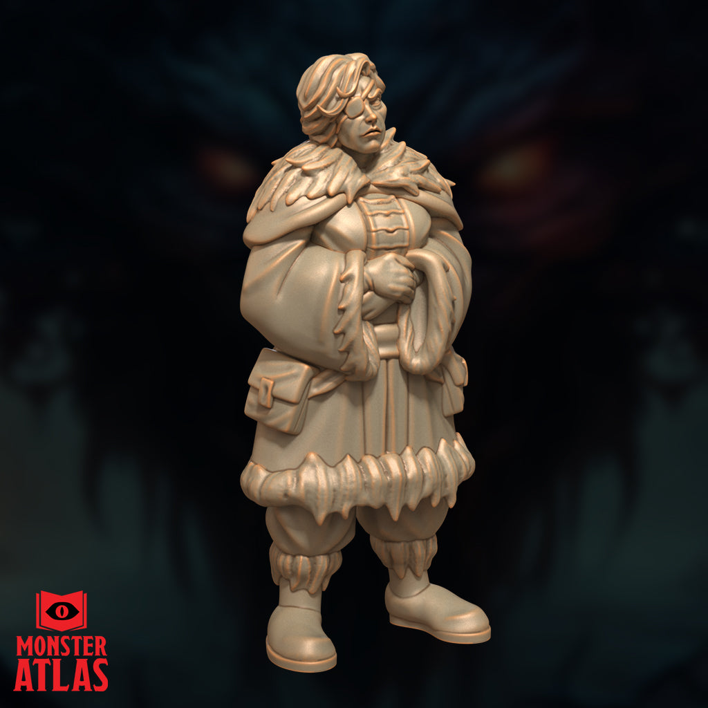 Unpainted resin miniature of Vellyne Harpell frost wizard, three-quarter side view — showing large travel satchel slung at her side, buckled belt pouch, and concealed blade at her hip, fur-hemmed robes and fur-lined capelet clearly visible