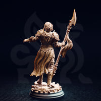 Rear view of the Vendimar Thyran Dark Sun Paladin miniature showing the layered scale-texture cloak, the full length of the ornate halberd raised in the right hand, and detailed backplate armour, mounted on a scenic rubble base