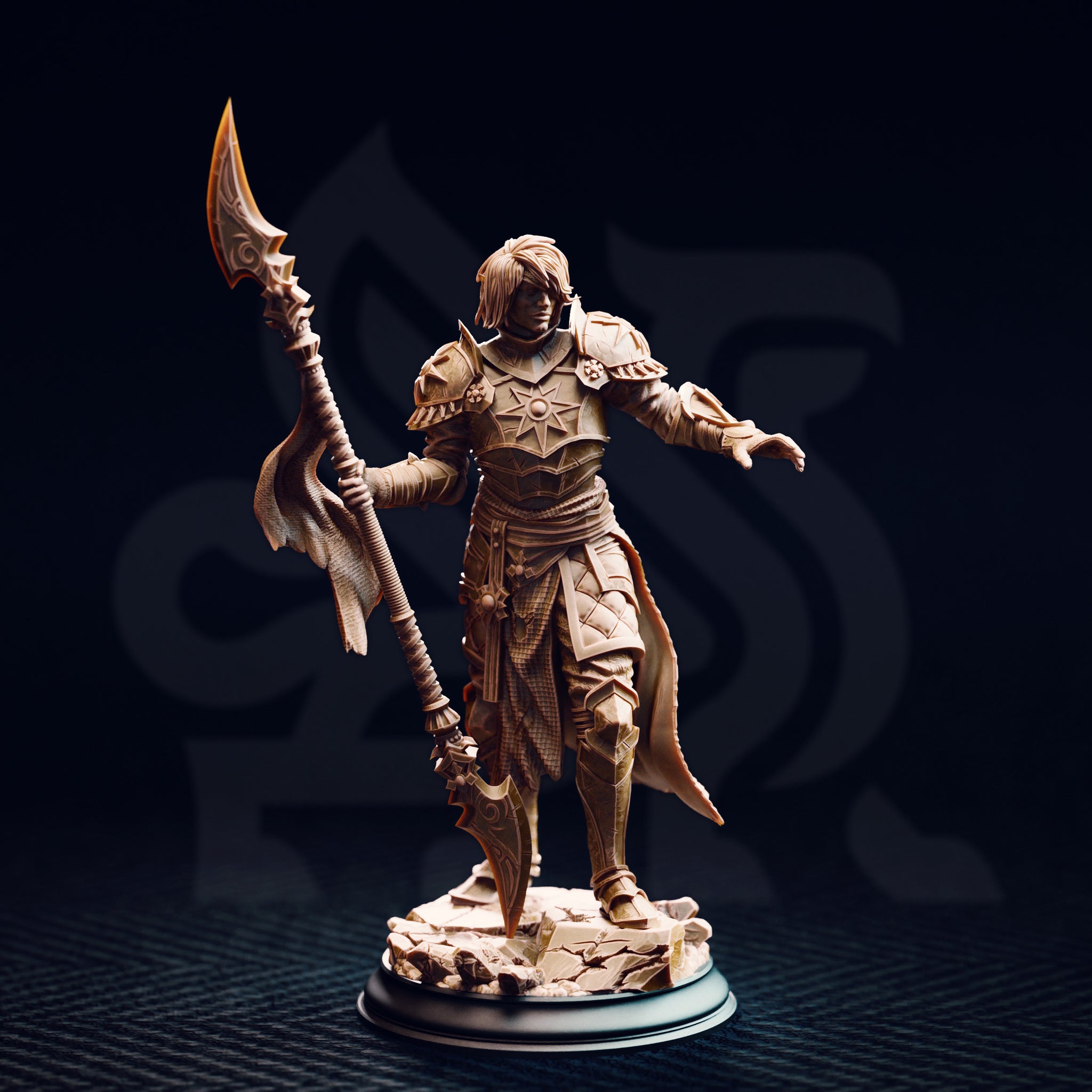 Front view of the unpainted Vendimar Thyran 32mm resin miniature on a round black base, photographed against a dark background, showing the eight-pointed sunburst breastplate, outstretched gauntleted hand, and intricate halberd with vertebrae-like shaft detail