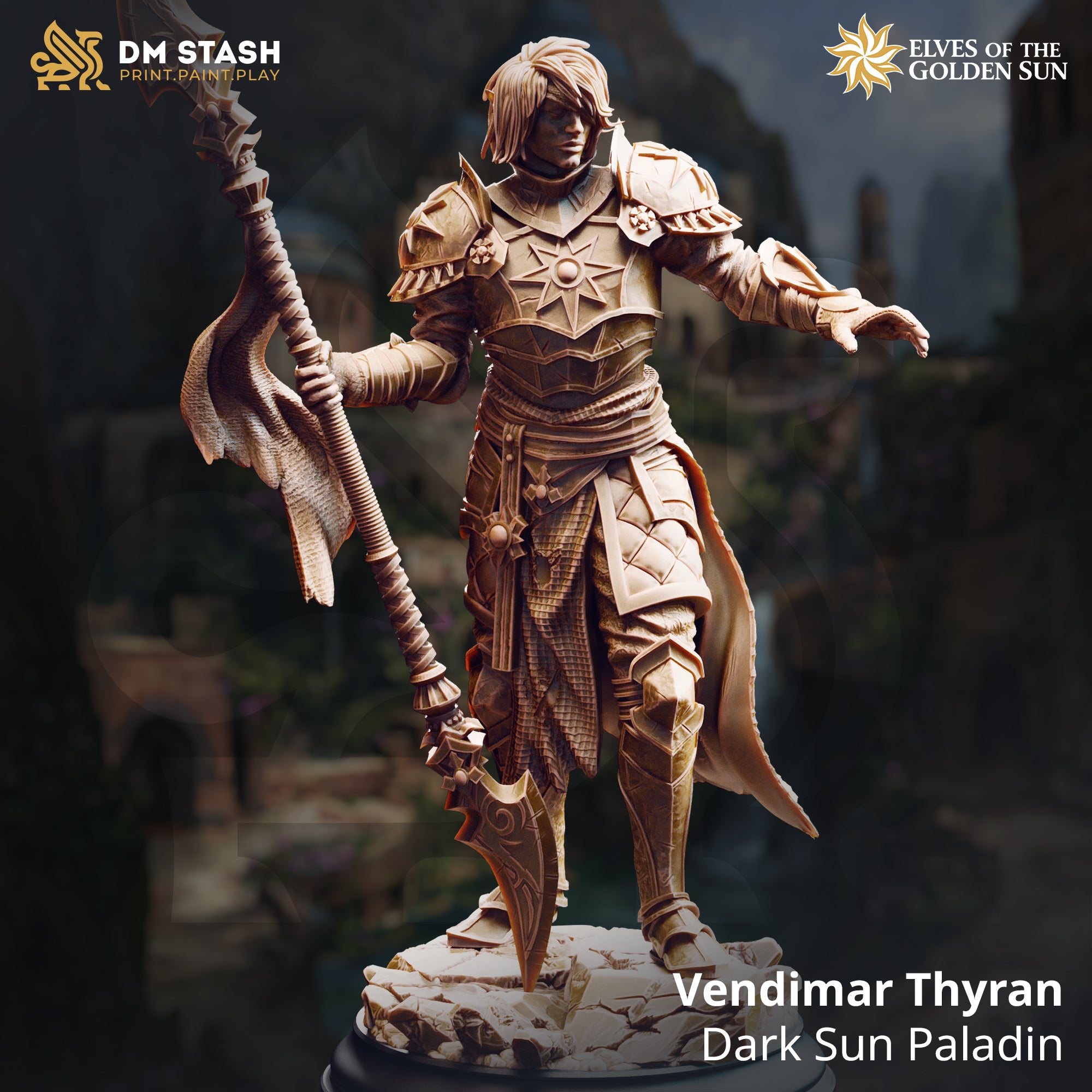 Promotional render of Vendimar Thyran Dark Sun Paladin miniature from DM Stash's Elves of the Golden Sun range, showing the unpainted resin sculpt in a commanding stride pose, holding a tall ornate halberd with a jagged blade, wearing sun-emblem plate armour with a flowing scale-textured surcoat, set against a fantasy city backdrop