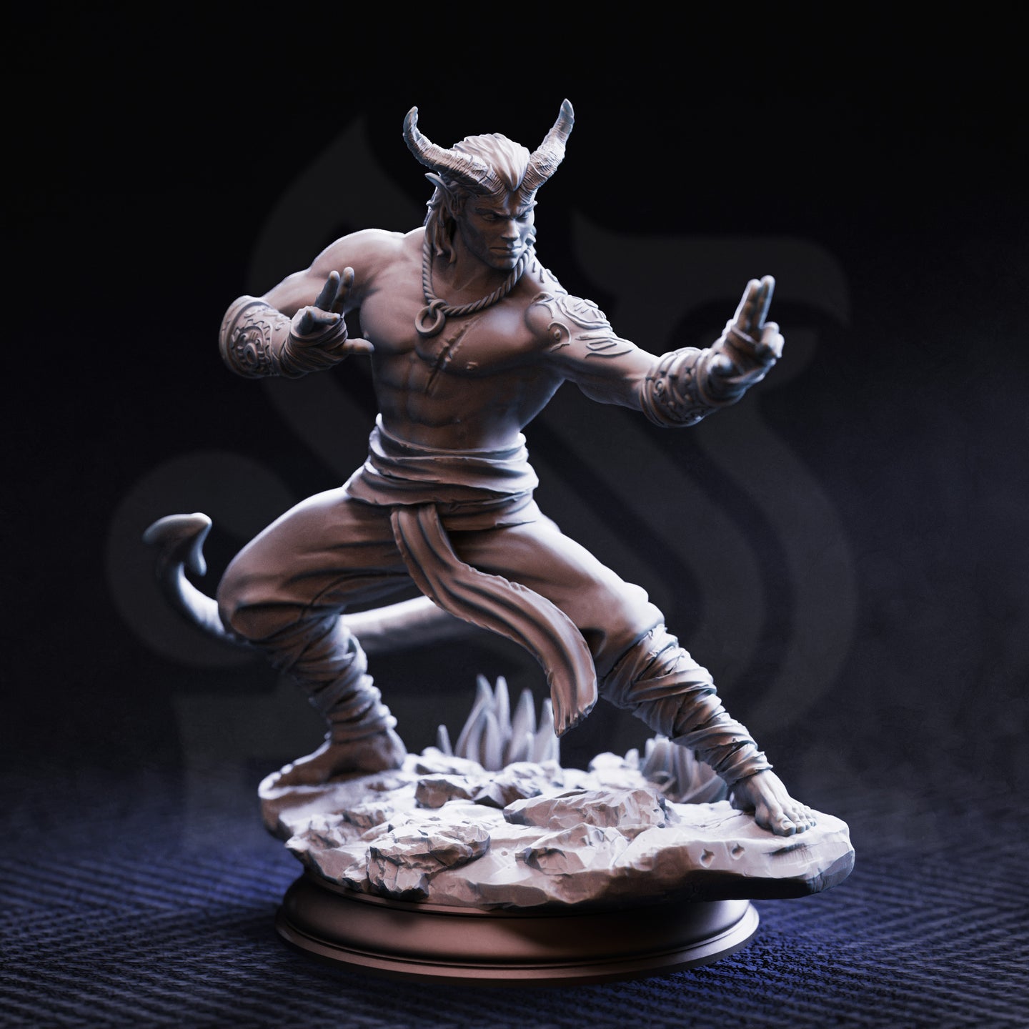 Front view of an unpainted grey resin miniature of Verek Heartless, a tiefling monk with swept horns and arcane tattoos on his forearm, posed in a low martial stance with hands open and tail curling at his side, mounted on a detailed shattered-stone scenic base