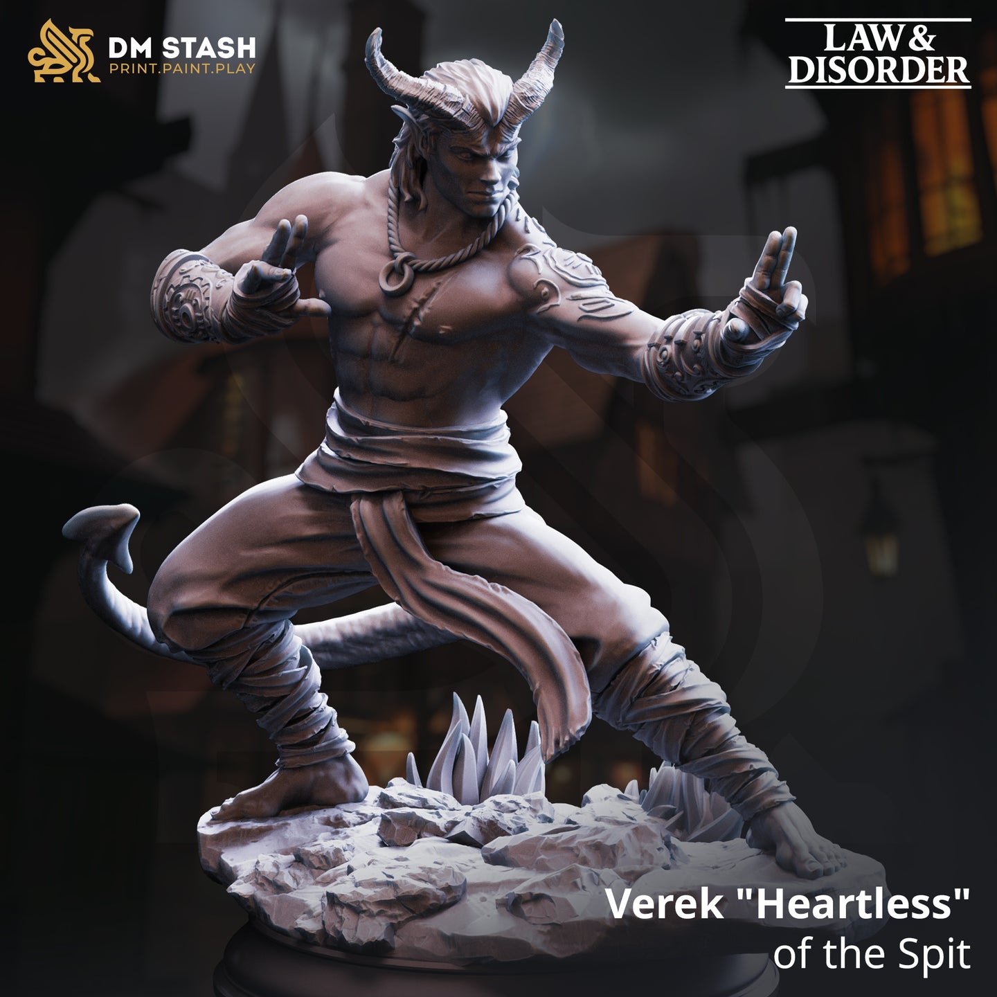 Digital render of Verek Heartless of the Spit, a muscular horned tiefling monk in a wide combat stance with both hands raised in a ki-channelling guard, wearing rope-bound bracers and wrappings, with a barbed tail and a rocky base erupting with stone spikes — from the Law and Disorder collection by DM Stash