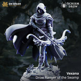 Rear view of a hooded drow ranger, showing the full sweep of a textured woven cloak in motion, with a quiver of arrows and engraved bracers visible. Scenic swamp base with broken stone and marsh growth. By DM Stash.