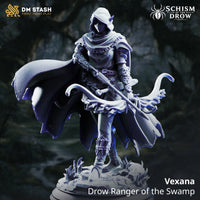 Rear view of a hooded drow ranger, showing the full sweep of a textured woven cloak in motion, with a quiver of arrows and engraved bracers visible. Scenic swamp base with broken stone and marsh growth. By DM Stash.