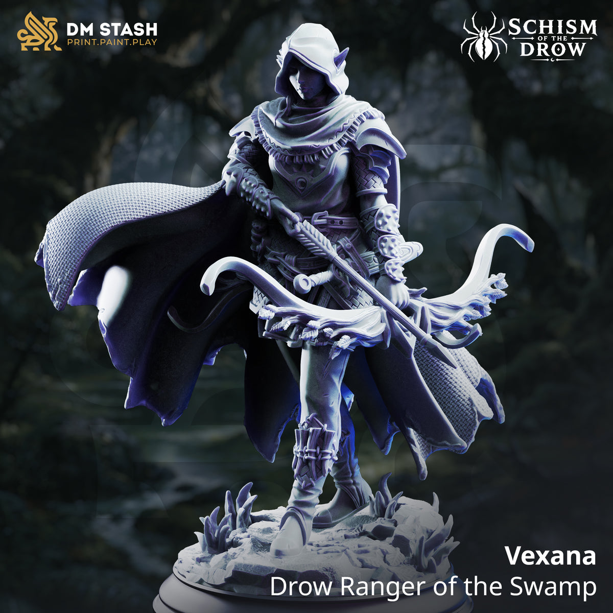 Rear view of a hooded drow ranger, showing the full sweep of a textured woven cloak in motion, with a quiver of arrows and engraved bracers visible. Scenic swamp base with broken stone and marsh growth. By DM Stash.