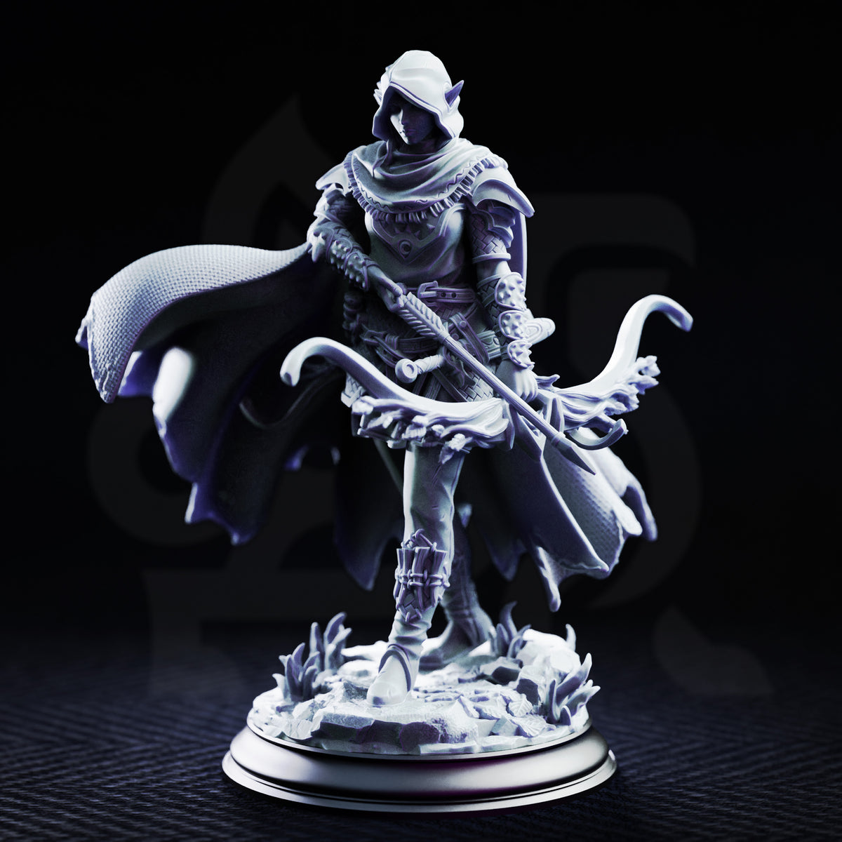 Hooded drow female ranger holding a longbow diagonally across her body, wearing layered plate armour with a billowing woven cloak, standing on a marsh scatter base. Sculpt by DM Stash.
