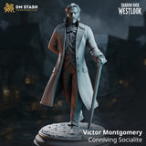 Rear view of Victor Montgomery by DM Stash — frock coat with embroidered collar, a pistol tucked into his belt behind his back, cane extended, standing on a cracked cobblestone base.