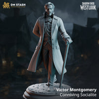 Rear view of Victor Montgomery by DM Stash — frock coat with embroidered collar, a pistol tucked into his belt behind his back, cane extended, standing on a cracked cobblestone base.