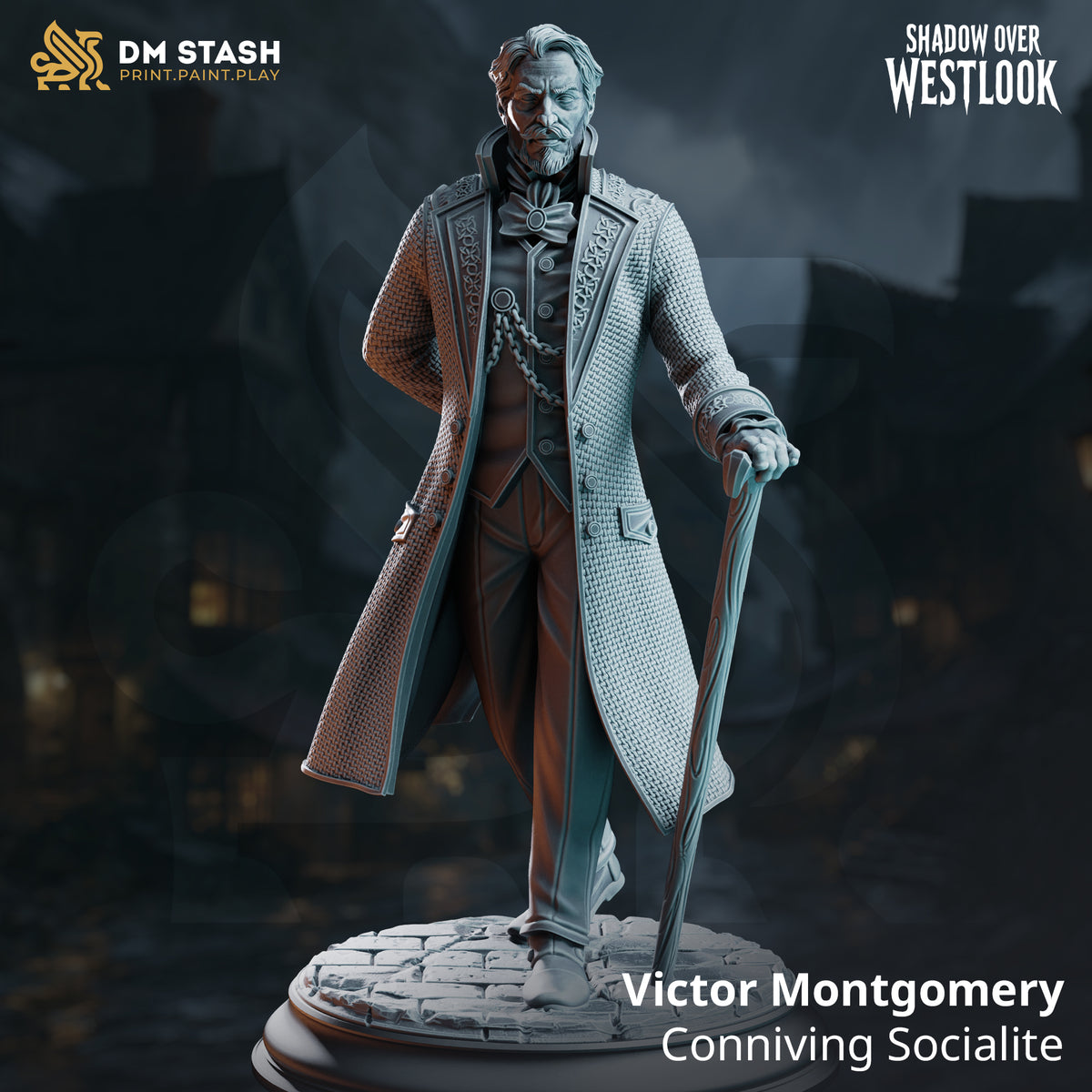 Rear view of Victor Montgomery by DM Stash — frock coat with embroidered collar, a pistol tucked into his belt behind his back, cane extended, standing on a cracked cobblestone base.