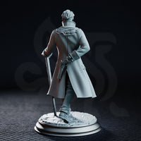 Victor Montgomery by DM Stash — older male figure in a detailed woven frock coat and waistcoat with a cravat, leaning on a cane, on a sculpted cobblestone round base.