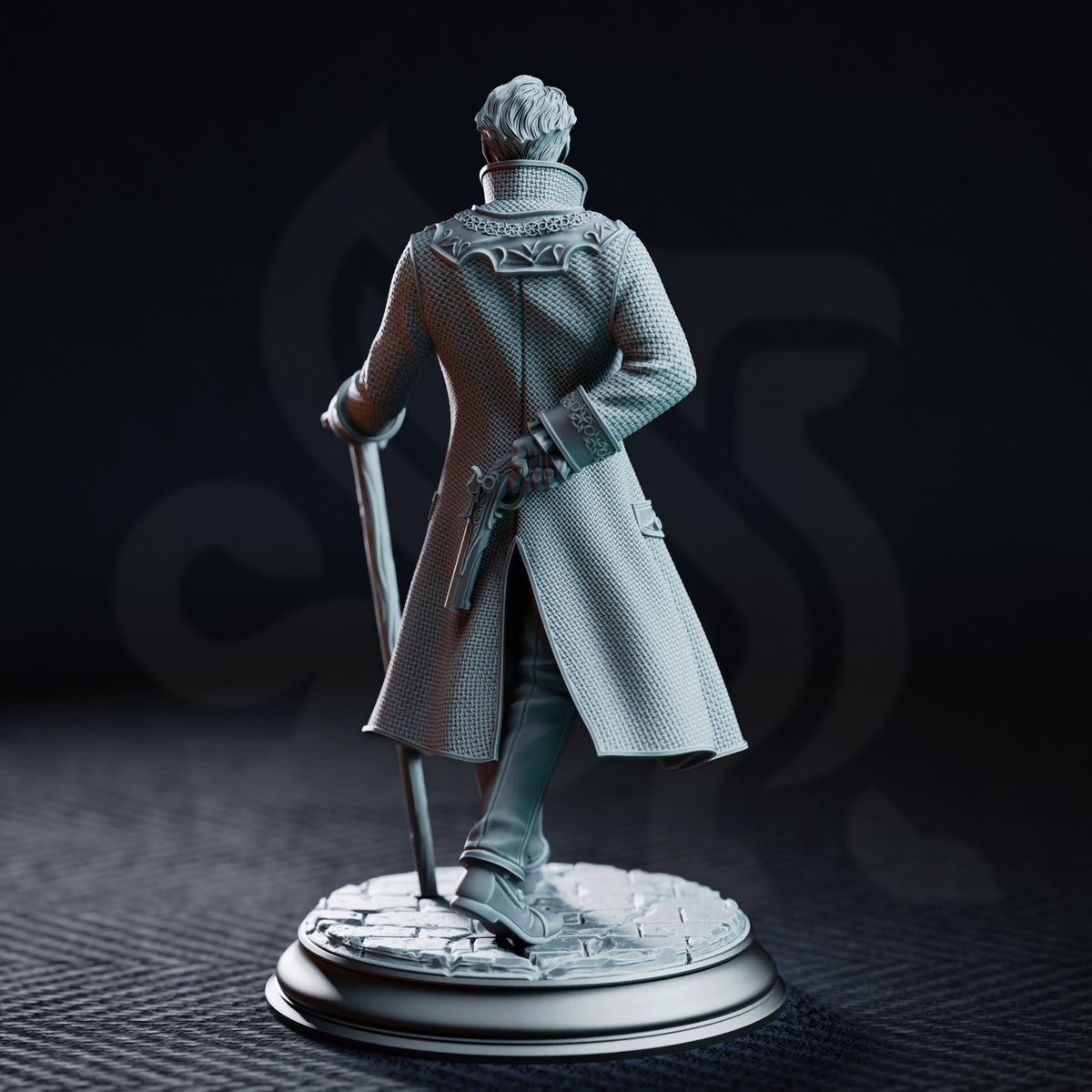 Victor Montgomery by DM Stash — older male figure in a detailed woven frock coat and waistcoat with a cravat, leaning on a cane, on a sculpted cobblestone round base.