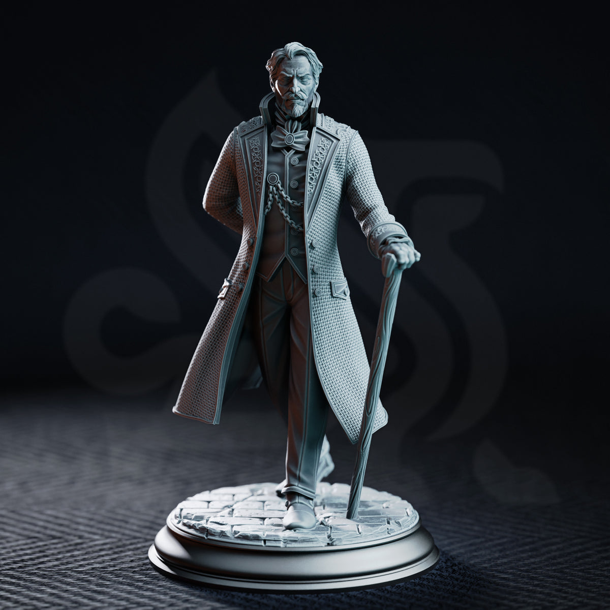Victor Montgomery miniature by DM Stash — silver-haired gentleman in a long textured coat with ornate lapels, holding a carved cane, set on a cobblestone base. Shadow Over Westlook.