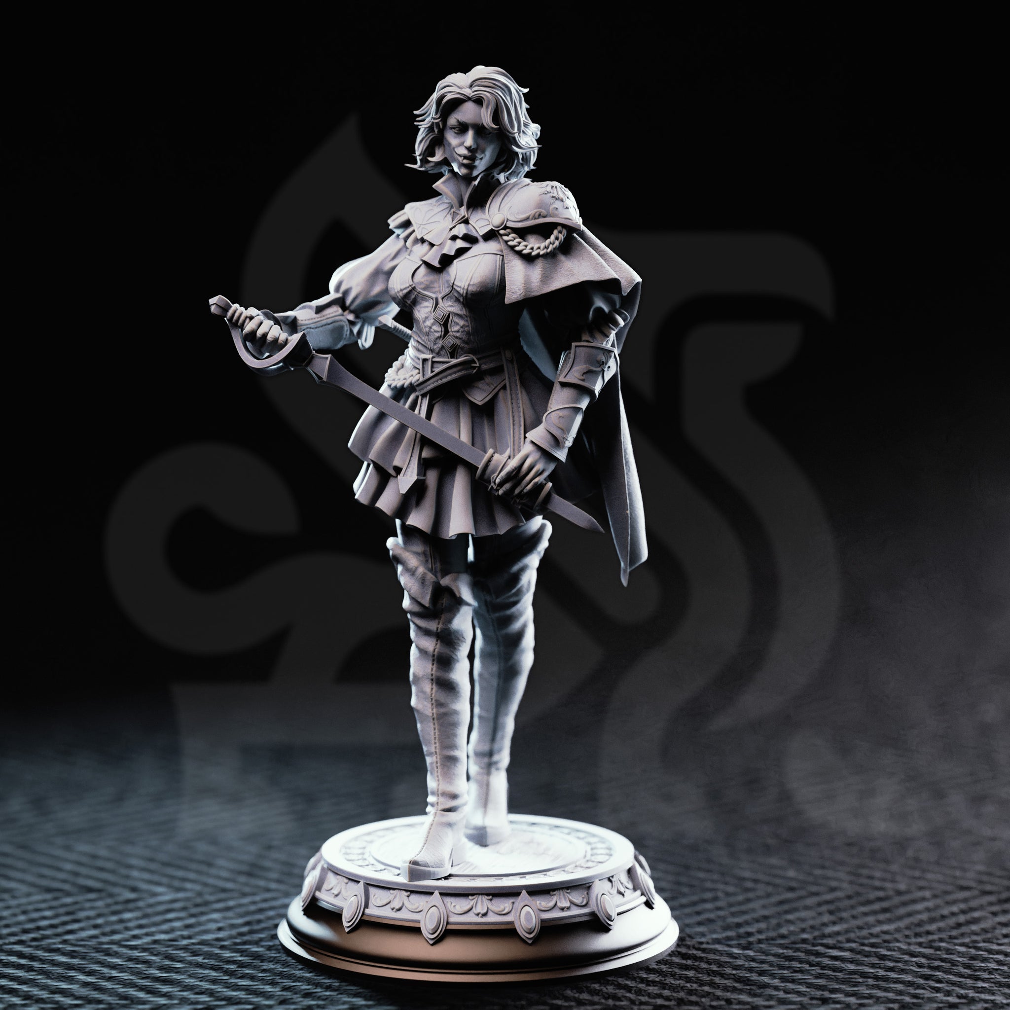 Photograph of printed grey resin Victoria Asquith Lady Duellist miniature by DM Stash — front three-quarter view, unpainted, showing fine detail on chain shoulder trim, layered plate-and-leather armour, tiered skirt, tall fitted boots, basket-hilted rapier and off-hand blade, cape, and ornate raised-motif circular base.