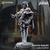 Digital render of Victoria Asquith Lady Duellist miniature by DM Stash — unpainted grey resin, front view, showing layered armour, chain trim, tiered skirt, tall boots, basket-hilted rapier raised in duelling stance, second blade held low at hip, wind-caught hair, sweeping cape, and ornate decorative circular base. Welcome to the Arena collection branding visible.