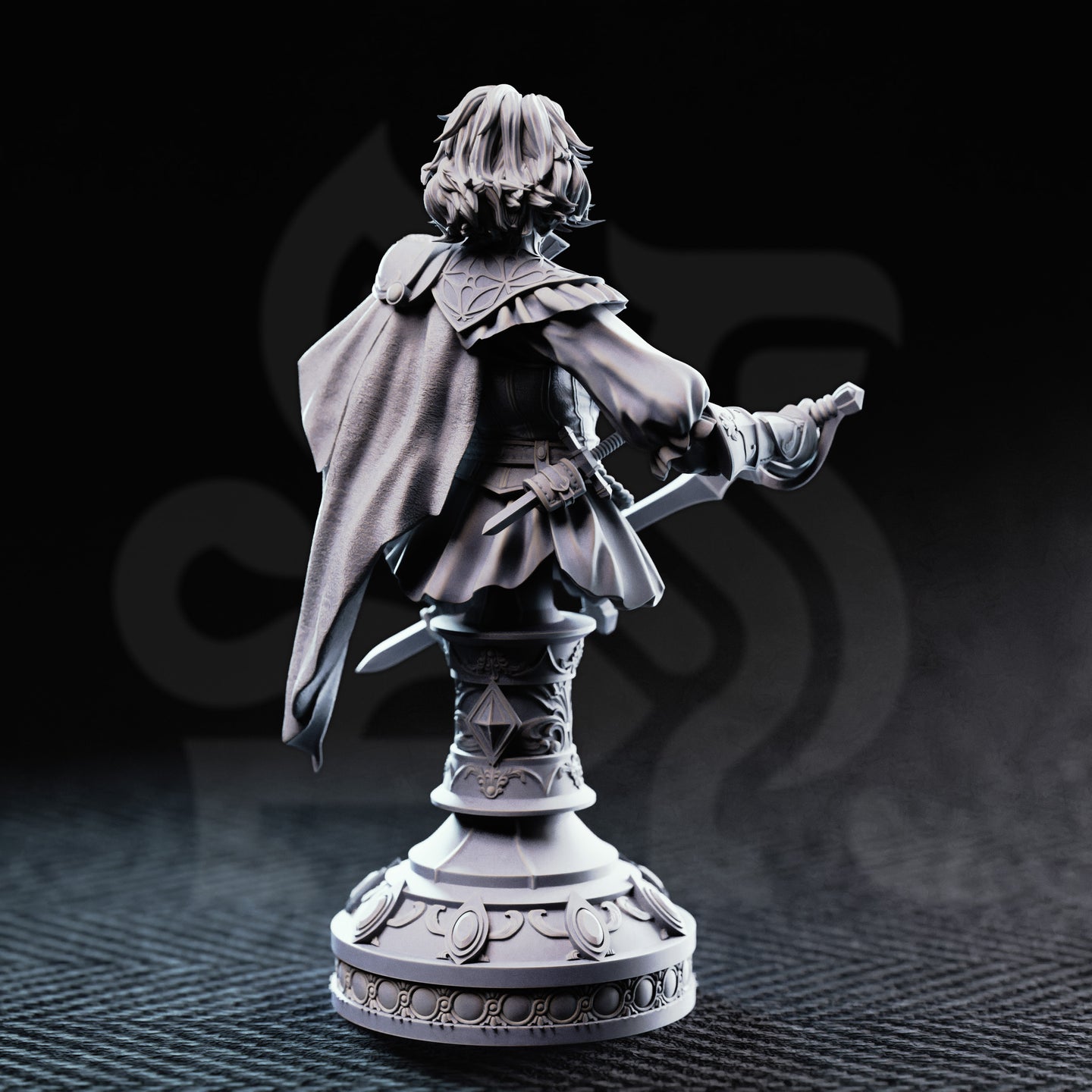 Rear view of the Lady Duellist Victoria Asquith display bust — unpainted grey resin showing a billowing cape, second blade at the hip, detailed back armour and pauldrons, and the fully decorated column plinth with repeating oval medallions